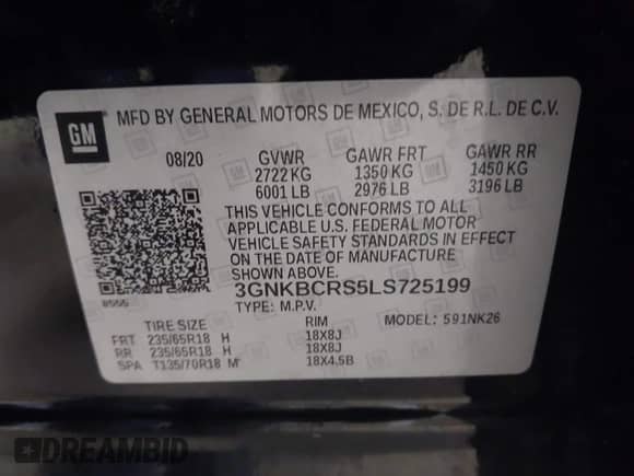 2020 Chevrolet Blazer LT with VIN 3GNKBCRS5LS725199, listed as a IAAI auction lot 43291407 with 44,936 mi miles and . Bid and sale history available at DreamBid. Image 9.