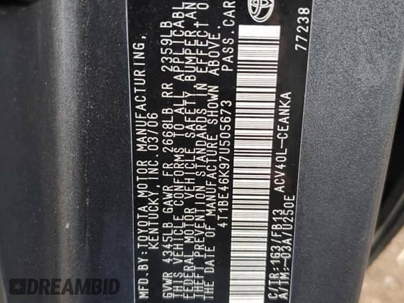 2007 Toyota Camry CE with VIN 4T1BE46K97U505673, listed as a Copart auction lot 84802525 with 153,986 mi miles and Clean title. Bid and sale history available at DreamBid. Image 12.