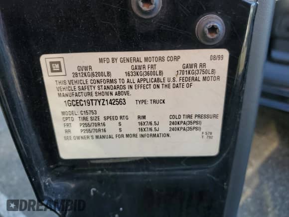 2000 Chevrolet Silverado 1500 LS z VIN 1GCEC19T7YZ142563, wystawiony jako Copart lot #56430775 z przebiegiem 163 625 mil mil oraz Szkoda całkowita • Salvage title. Historia ofert i sprzedaży dostępna na DreamBid. Obrazek 12.