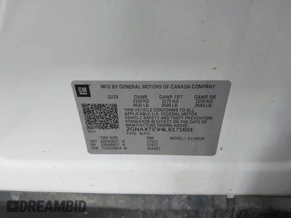 2020 Chevrolet Equinox LT z VIN 2GNAXTEV4L6171651, wystawiony jako IAAI lot #42928663 z przebiegiem Nie podano mil oraz . Historia ofert i sprzedaży dostępna na DreamBid. Obrazek 9.