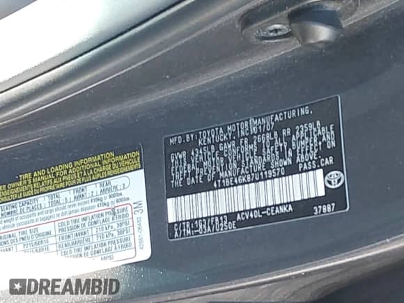 2007 Toyota Camry LE with VIN 4T1BE46K87U119570, listed as a IAAI auction lot 43462624 with 193,490 mi miles and . Bid and sale history available at DreamBid. Image 9.