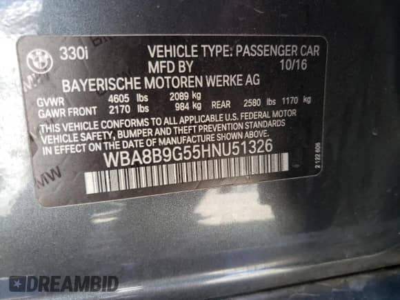 2017 BMW 3 Series 330i with VIN WBA8B9G55HNU51326, listed as a Copart auction lot 81728175 with 115,736 mi miles and Salvage title. Bid and sale history available at DreamBid. Image 12.