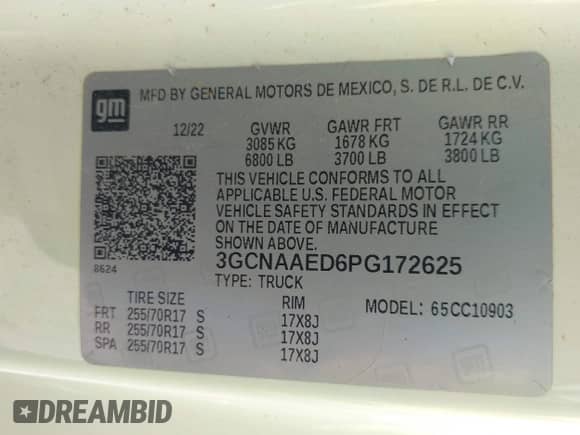 2023 Chevrolet Silverado 1500 Work Truck with VIN 3GCNAAED6PG172625, listed as a IAAI auction lot 42503841 with 52,602 mi miles and . Bid and sale history available at DreamBid. Image 9.
