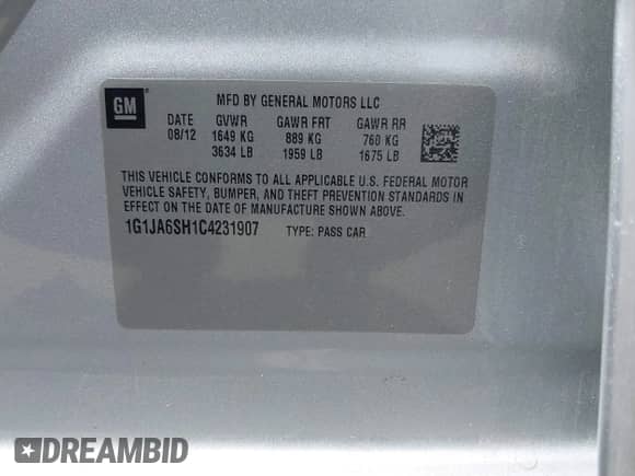 2012 Chevrolet Sonic LS z VIN 1G1JA6SH1C4231907, wystawiony jako IAAI lot #42075806 z przebiegiem 150 741 mil mil oraz . Historia ofert i sprzedaży dostępna na DreamBid. Obrazek 9.