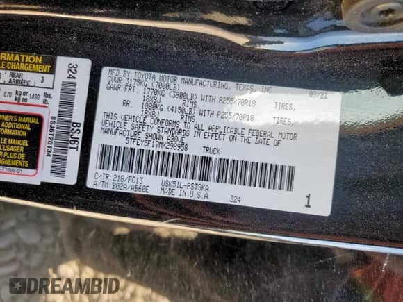 2021 Toyota Tundra SR5 with VIN 5TFEY5F17MX298958, listed as a Copart auction lot 84053745 with 135,809 mi miles and Salvage title. Bid and sale history available at DreamBid. Image 12.