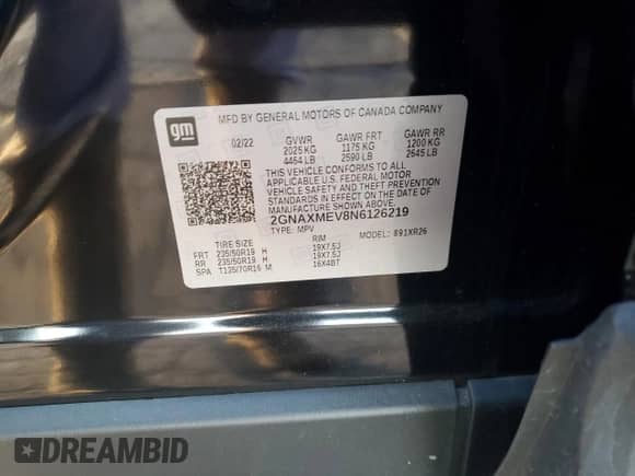 2022 Chevrolet Equinox RS с VIN 2GNAXMEV8N6126219, выставлен на аукционе Copart как лот 80644645 с пробегом 22 691 миль миль и Списание • Salvage title. История ставок и продаж доступна на DreamBid. Изображение 13.