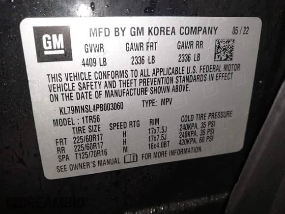 2023 Chevrolet TrailBlazer LS with VIN KL79MNSL4PB003060, listed as a IAAI auction lot 41453764 with 40,783 mi miles and . Bid and sale history available at DreamBid. Image 9.