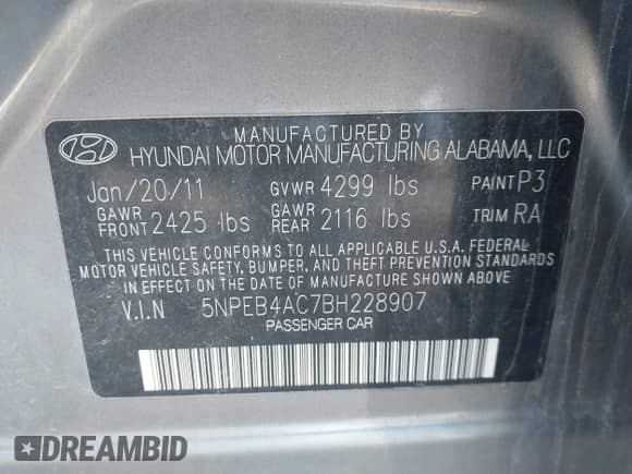 2011 Hyundai Sonata GLS with VIN 5NPEB4AC7BH228907, listed as a IAAI auction lot 43381931 with 133,973 mi miles and . Bid and sale history available at DreamBid. Image 9.