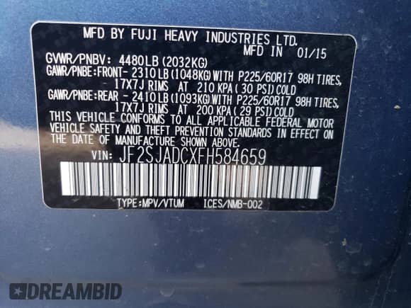 2015 Subaru Forester Premium z VIN JF2SJADCXFH584659, wystawiony jako Copart lot #85191045 z przebiegiem 81 778 mil mil oraz Szkoda całkowita • Salvage title. Historia ofert i sprzedaży dostępna na DreamBid. Obrazek 12.