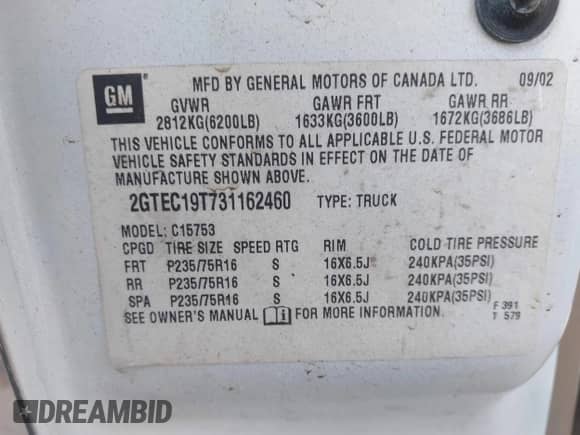 2003 GMC Sierra 1500 SLE with VIN 2GTEC19T731162460, listed as a IAAI auction lot 43045083 with 231,579 mi miles and . Bid and sale history available at DreamBid. Image 9.