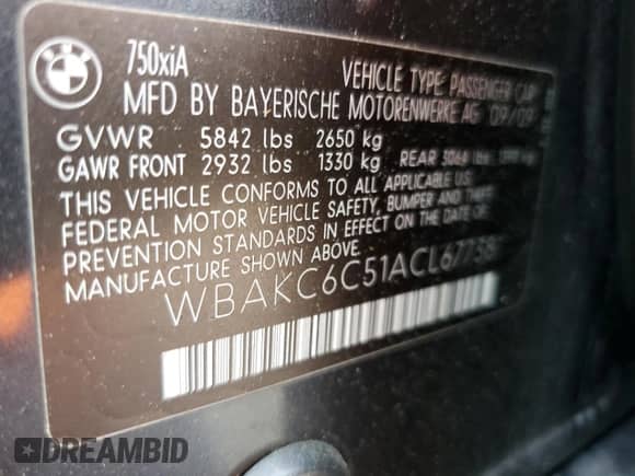 2010 BMW 7 Series 750i xDrive z VIN WBAKC6C51ACL67738, wystawiony jako Copart lot #57118295 z przebiegiem 124 911 mil mil oraz Szkoda całkowita • Salvage title. Historia ofert i sprzedaży dostępna na DreamBid. Obrazek 12.