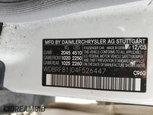 2004 Mercedes-Benz C 240 with VIN WDBRF81J04F526447, listed as a Copart auction lot 76088664 with 132,319 mi miles and Salvage title. Bid and sale history available at DreamBid. Image 12.