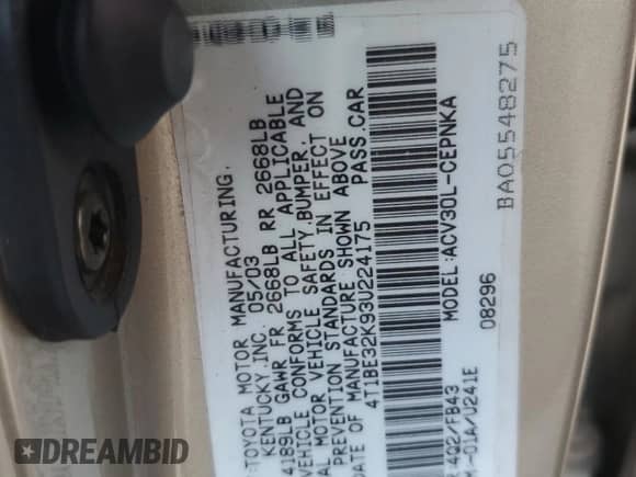 2003 Toyota Camry LE with VIN 4T1BE32K93U224175, listed as a Copart auction lot 81315955 with 176,540 mi miles and Salvage title. Bid and sale history available at DreamBid. Image 12.