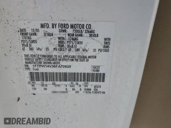 2006 Ford F-150 XLT with VIN 1FTPW14V36FA70929, listed as a Copart auction lot 83987485 with 193,719 mi miles and Salvage title. Bid and sale history available at DreamBid. Image 13.