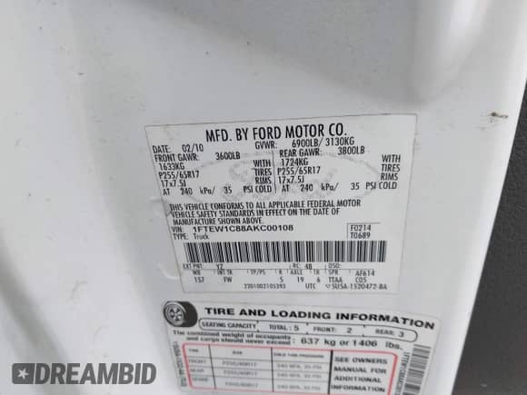 2010 Ford F-150 XL с VIN 1FTEW1C88AKC00108, выставлен на аукционе IAAI как лот 43476966 с пробегом 188 481 миль миль и . История ставок и продаж доступна на DreamBid. Изображение 9.