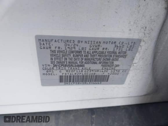 2024 Nissan Kicks S с VIN 3N1CP5BV5RL546665, выставлен на аукционе IAAI как лот 43423654 с пробегом 23 612 миль миль и . История ставок и продаж доступна на DreamBid. Изображение 9.