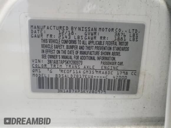 2019 Nissan Sentra SV z VIN 3N1AB7AP5KY280979, wystawiony jako Copart lot #84270945 z przebiegiem 113 249 mil mil oraz Szkoda całkowita • Salvage title. Historia ofert i sprzedaży dostępna na DreamBid. Obrazek 12.