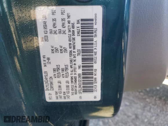 2001 Dodge Dakota Sport with VIN 1B7GL2AX31S212099, listed as a Copart auction lot 44619795 with 225,761 mi miles and Salvage title. Bid and sale history available at DreamBid. Image 12.