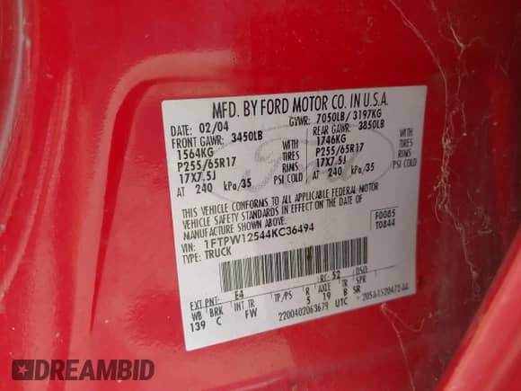 2004 Ford F-150 XLT with VIN 1FTPW12544KC36494, listed as a IAAI auction lot 43525456 with 191,350 mi miles and . Bid and sale history available at DreamBid. Image 9.