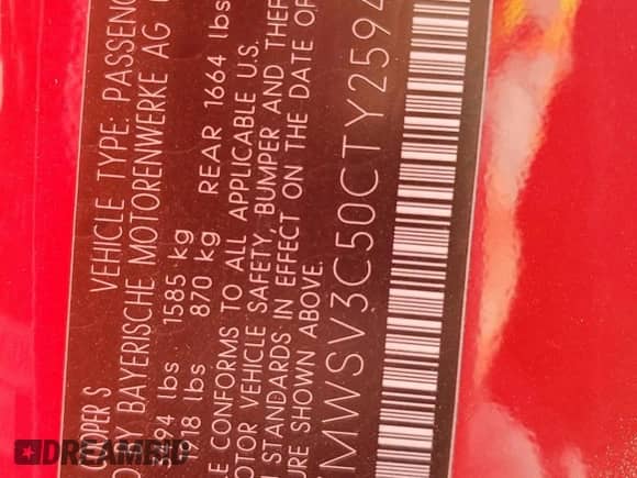 2012 MINI Hardtop S with VIN WMWSV3C50CTY25944, listed as a Copart auction lot 62837575 with 73,618 mi miles and Salvage title. Bid and sale history available at DreamBid. Image 12.