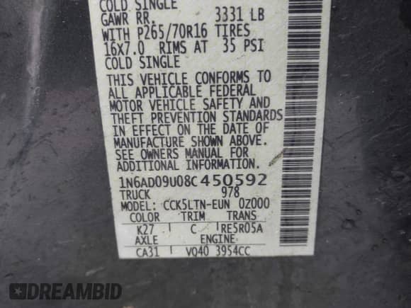 2008 Nissan Frontier SE z VIN 1N6AD09U08C450592, wystawiony jako IAAI lot #43533655 z przebiegiem 179 933 mil mil oraz . Historia ofert i sprzedaży dostępna na DreamBid. Obrazek 9.