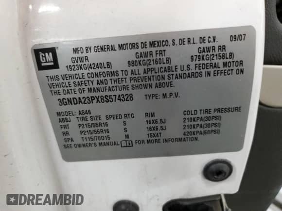 2008 Chevrolet HHR LT с VIN 3GNDA23PX8S574328, выставлен на аукционе Copart как лот 72218084 с пробегом 133 784 миль миль и Списание • Salvage title. История ставок и продаж доступна на DreamBid. Изображение 13.