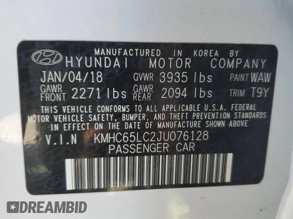 2018 Hyundai Ioniq Blue с VIN KMHC65LC2JU076128, выставлен на аукционе Copart как лот 87076455 с пробегом 94 058 миль миль и Списание • Salvage title. История ставок и продаж доступна на DreamBid. Изображение 12.