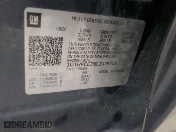 2020 GMC Sierra 1500 Elevation with VIN 1GTR9CED8LZ379713, listed as a Copart auction lot 51065865 with 154,495 mi miles and Salvage title. Bid and sale history available at DreamBid. Image 12.