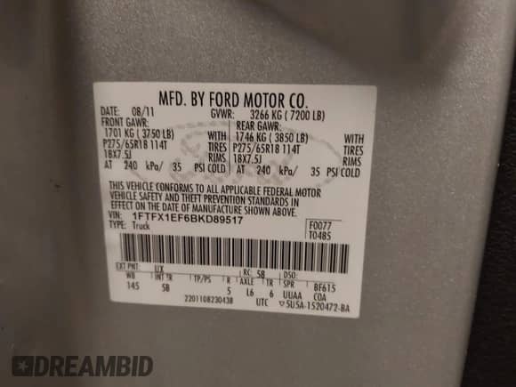 2011 Ford F-150 XL with VIN 1FTFX1EF6BKD89517, listed as a IAAI auction lot 42934233 with 236,590 mi miles and . Bid and sale history available at DreamBid. Image 9.
