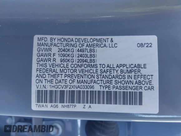 2022 Honda Accord Sport с VIN 1HGCV3F2XNA033096, выставлен на аукционе IAAI как лот 42962086 с пробегом 36 339 миль миль и . История ставок и продаж доступна на DreamBid. Изображение 9.