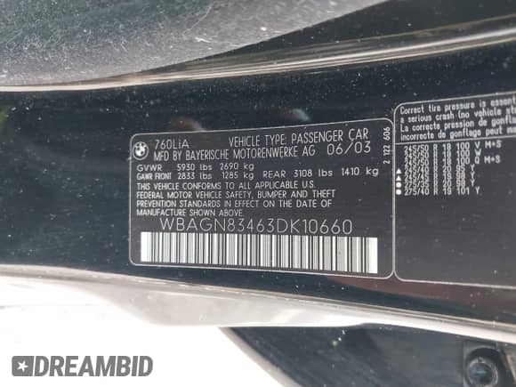 2003 BMW 7 Series with VIN WBAGN83463DK10660, listed as a IAAI auction lot 42521244 with 114,032 mi miles and . Bid and sale history available at DreamBid. Image 9.