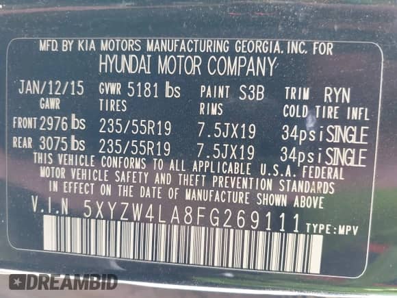 2015 Hyundai Santa Fe with VIN 5XYZW4LA8FG269111, listed as a IAAI auction lot 42599248 with 159,270 mi miles and . Bid and sale history available at DreamBid. Image 9.