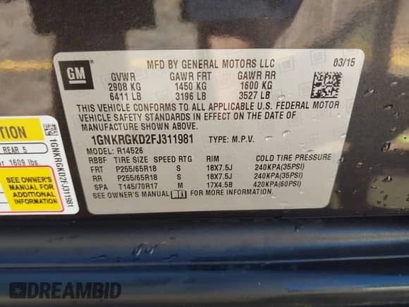 2015 Chevrolet Traverse LT с VIN 1GNKRGKD2FJ311981, выставлен на аукционе IAAI как лот 42816329 с пробегом 80 443 миль миль и . История ставок и продаж доступна на DreamBid. Изображение 9.