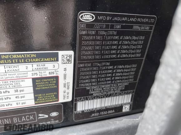 2018 Land Rover Range Rover Sport SE with VIN SALWG2RV7JA404272, listed as a IAAI auction lot 42418608 with 102,672 mi miles and . Bid and sale history available at DreamBid. Image 9.