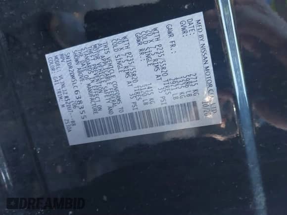 2020 Nissan Pathfinder Platinum с VIN 5N1DR2DM5LC638355, выставлен на аукционе IAAI как лот 41501559 с пробегом 32 612 миль миль и . История ставок и продаж доступна на DreamBid. Изображение 9.