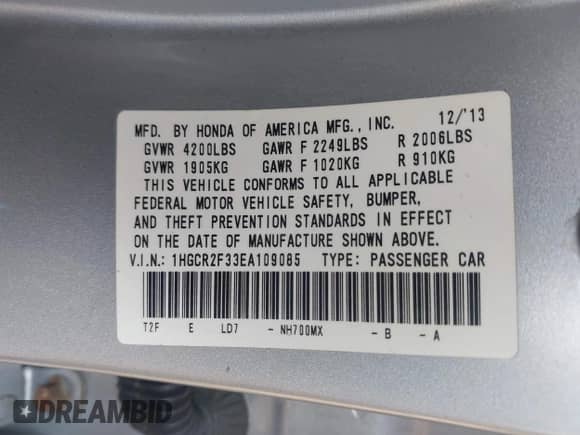 2014 Honda Accord LX с VIN 1HGCR2F33EA109085, выставлен на аукционе IAAI как лот 39960006 с пробегом 168 703 миль миль и . История ставок и продаж доступна на DreamBid. Изображение 9.