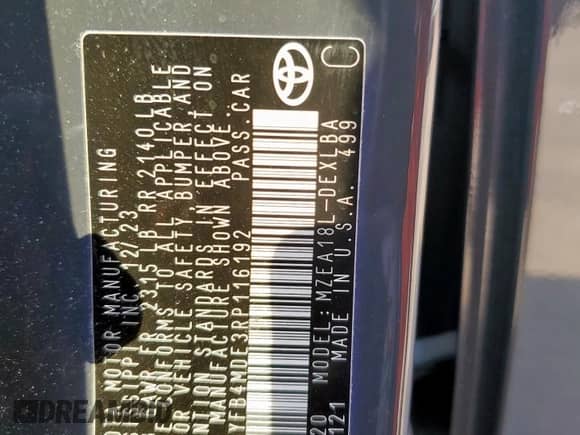 2024 Toyota Corolla LE с VIN 5YFB4MDE3RP116192, выставлен на аукционе Copart как лот 70736265 с пробегом Не указан миль и Списание • Salvage title. История ставок и продаж доступна на DreamBid. Изображение 12.