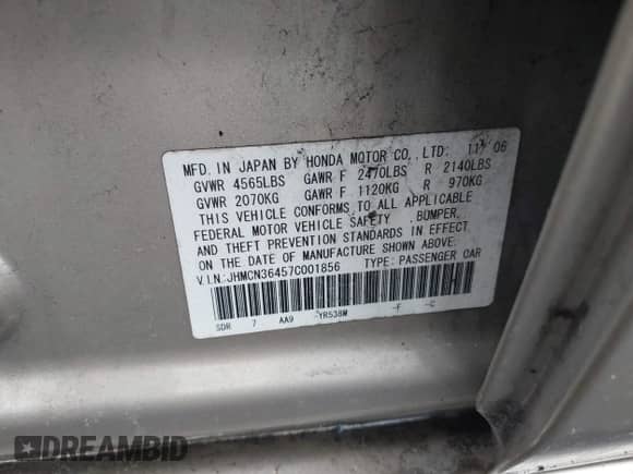 2007 Honda Accord with VIN JHMCN36457C001856, listed as a IAAI auction lot 42043694 with 285,642 mi miles and . Bid and sale history available at DreamBid. Image 9.