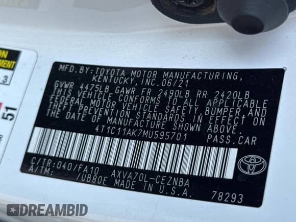 2021 Toyota Camry LE z VIN 4T1C11AK7MU595701, wystawiony jako Copart lot #65841075 z przebiegiem 30 616 mil mil oraz Czysty tytuł • Clean title. Historia ofert i sprzedaży dostępna na DreamBid. Obrazek 10.