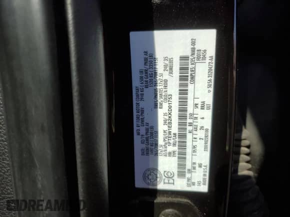 2019 Ford F-150 XL with VIN 1FTEW1EB2KKD01753, listed as a Copart auction lot 57059125 with 196,928 mi miles and Clean title. Bid and sale history available at DreamBid. Image 12.