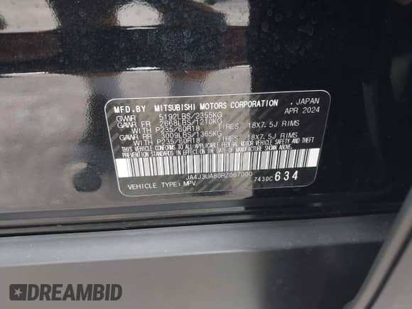 2024 Mitsubishi Outlander ES with VIN JA4J3UA80RZ067000, listed as a IAAI auction lot 42016132 with 2,666 mi miles and . Bid and sale history available at DreamBid. Image 9.