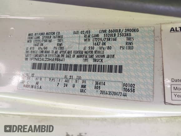 2003 Ford Econoline Cargo with VIN 1FTNE24L23HA98641, listed as a IAAI auction lot 41285948 with 257,510 mi miles and . Bid and sale history available at DreamBid. Image 9.