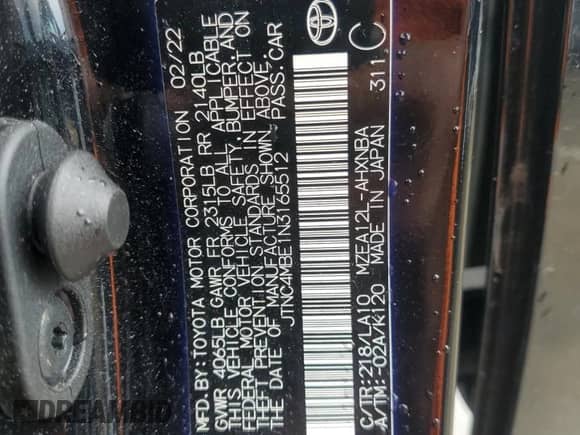 2022 Toyota Corolla XSE with VIN JTNC4MBE1N3165512, listed as a Copart auction lot 60106665 with 44,311 mi miles and Salvage title. Bid and sale history available at DreamBid. Image 13.