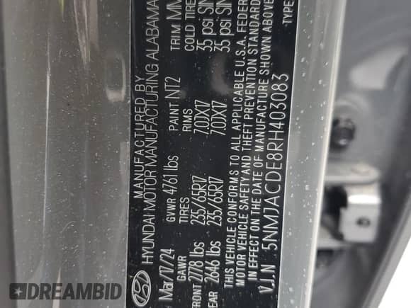 2024 Hyundai Tucson SE с VIN 5NMJACDE8RH403083, выставлен на аукционе Copart как лот 59680015 с пробегом 76 307 миль миль и На запчасти • Non repairable. История ставок и продаж доступна на DreamBid. Изображение 13.