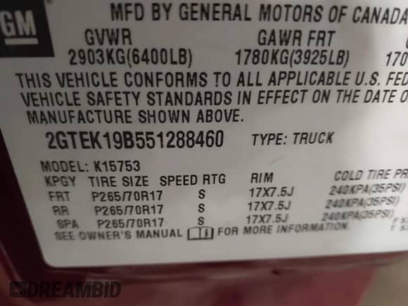 2005 GMC Sierra 1500 SLE with VIN 2GTEK19B551288460, listed as a IAAI auction lot 41543395 with 303,314 mi miles and . Bid and sale history available at DreamBid. Image 9.
