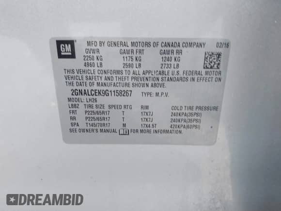 2016 Chevrolet Equinox LT with VIN 2GNALCEK9G1158267, listed as a IAAI auction lot 43271141 with 169,862 mi miles and . Bid and sale history available at DreamBid. Image 9.