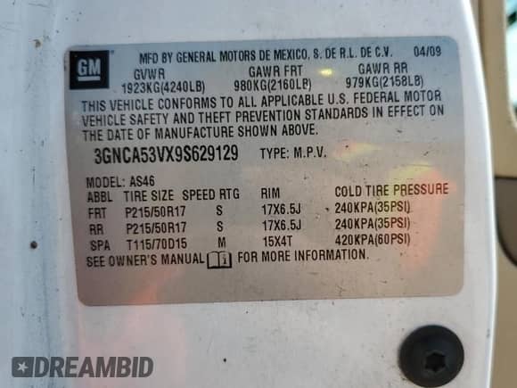 2009 Chevrolet HHR 2LT с VIN 3GNCA53VX9S629129, выставлен на аукционе Copart как лот 75116884 с пробегом Не указан миль и Списание • Salvage title. История ставок и продаж доступна на DreamBid. Изображение 13.