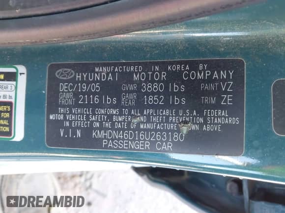 2006 Hyundai Elantra GLS z VIN KMHDN46D16U263180, wystawiony jako IAAI lot #43554632 z przebiegiem 58 575 mil mil oraz . Historia ofert i sprzedaży dostępna na DreamBid. Obrazek 9.