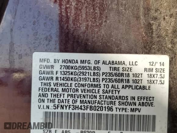 2015 Honda Pilot EX z VIN 5FNYF3H43FB020196, wystawiony jako Copart lot #64094445 z przebiegiem 155 252 mil mil oraz Czysty tytuł • Clean title. Historia ofert i sprzedaży dostępna na DreamBid. Obrazek 13.