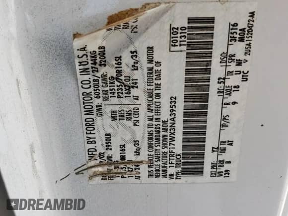 2003 Ford F-150 XL с VIN 1FTRF17WX3NA39532, выставлен на аукционе Copart как лот 84034235 с пробегом Не указан миль и Чистый • Clean title. История ставок и продаж доступна на DreamBid. Изображение 12.